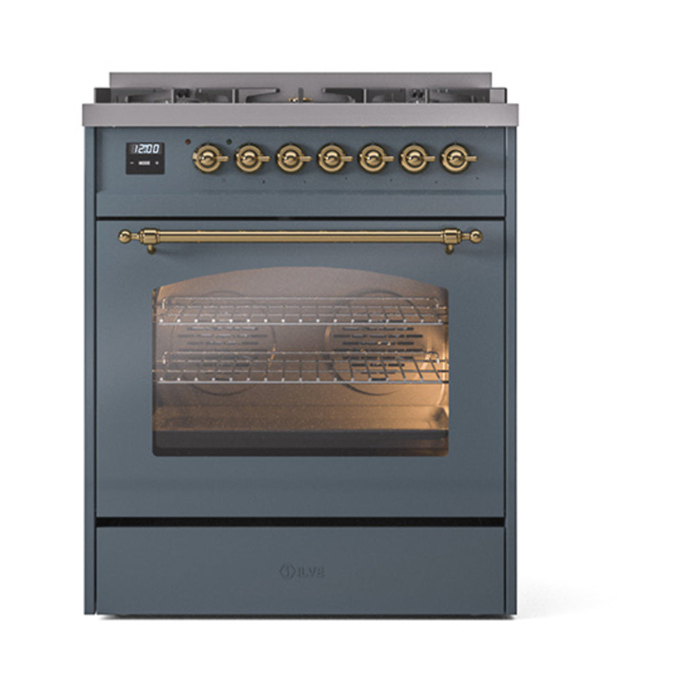 Blue grey freestanding dual fuel range with lit oven cavity, brass knobs and handle.
