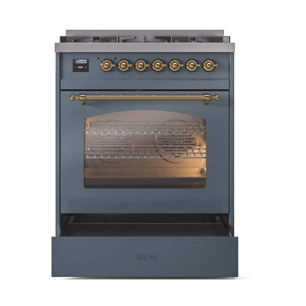 Blue grey dual fuel range with oven door open and glowing oven; brass handle and knobs.