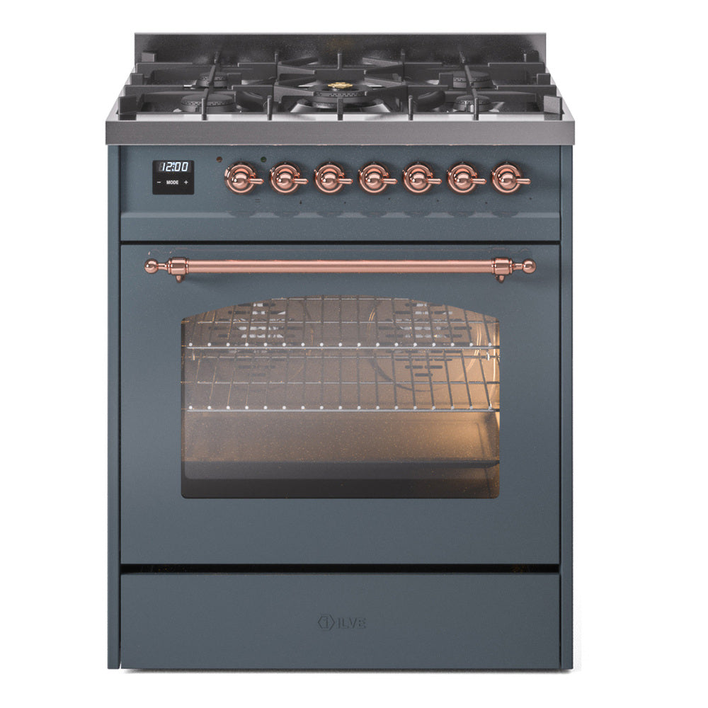 Freestanding dual-fuel range with oven door open, blue-gray front, and copper control knobs