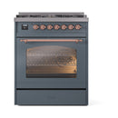 ILVE Nostalgie II 30-Inch Freestanding Natural Gas Dual Fuel Range in Blue Grey with Copper Trim (UP30NMPBGP)