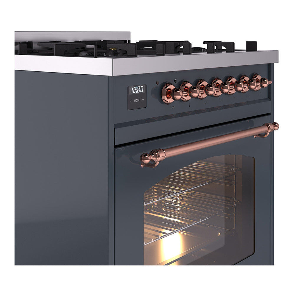 Freestanding dual-fuel range side view with copper rail handle and blue-gray control panel