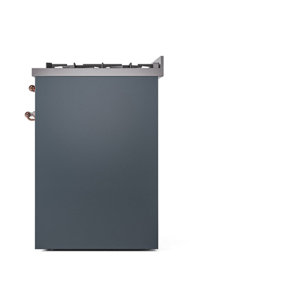 Freestanding range rear view in blue-gray with small copper fittings along the edges