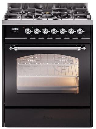 ILVE Nostalgie II 30-Inch Dual Fuel Freestanding Range in Glossy Black with Chrome Trim (UP30NMPBKC)