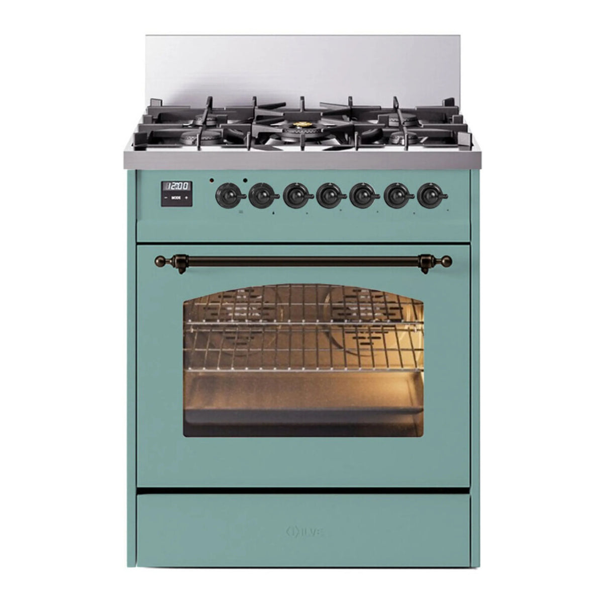 ILVE Nostalgie II 30-inch Propane Gas Dual Fuel Range with 5 Burners with 4 Cu. Ft. Oven Capacity, Triple Glass Door in Mediterranean Mint with Burnished Trim (UP30NMPMMBLP)