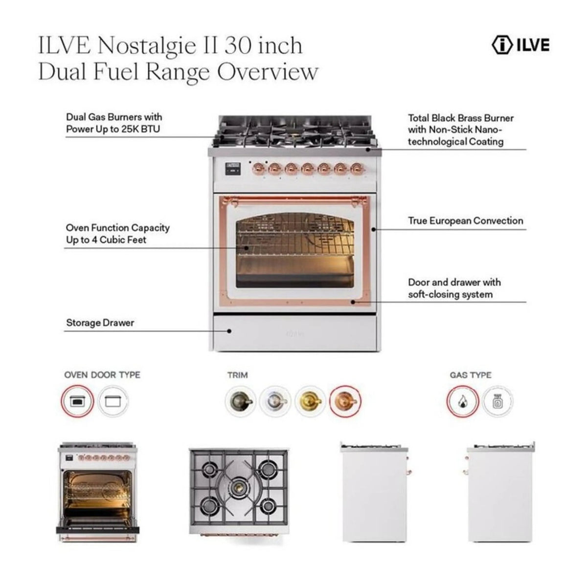 ILVE Nostalgie II 30-inch Propane Gas Dual Fuel Range with 5 Burners with 4 Cu. Ft. Oven Capacity, Triple Glass Door in Mediterranean Mint with Burnished Trim (UP30NMPMMBLP)