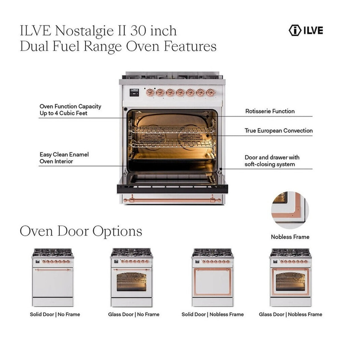 ILVE Nostalgie II 30-inch Propane Gas Dual Fuel Range with 5 Burners with 4 Cu. Ft. Oven Capacity, Triple Glass Door in Mediterranean Mint with Burnished Trim (UP30NMPMMBLP)