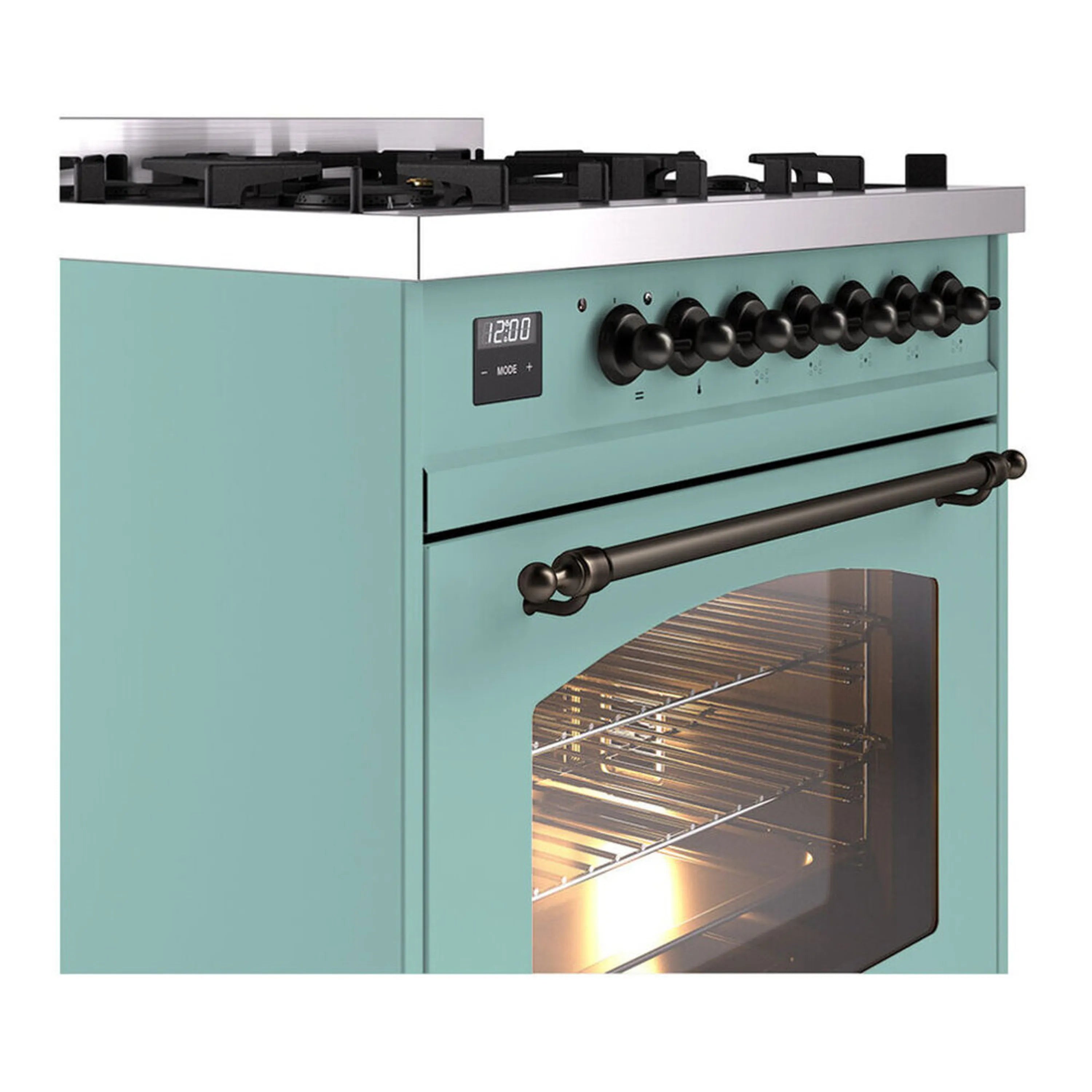 ILVE Nostalgie II 30-inch Propane Gas Dual Fuel Range with 5 Burners with 4 Cu. Ft. Oven Capacity, Triple Glass Door in Mediterranean Mint with Burnished Trim (UP30NMPMMBLP)