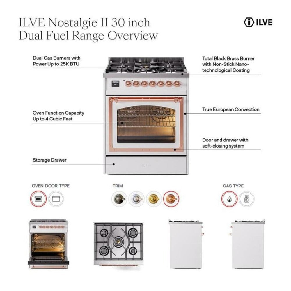 ILVE Nostalgie II 30-inch Propane Gas Dual Fuel Range with 5 Burners with 4 Cu. Ft. Oven Capacity, Triple Glass Door in Mediterranean Mint with Chrome Trim (UP30NMPMMCLP)