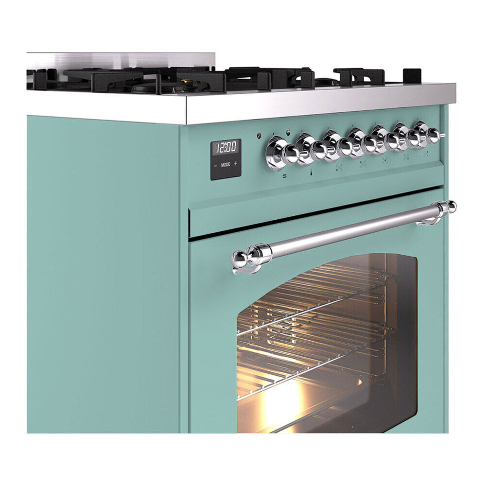 ILVE Nostalgie II 30-inch Propane Gas Dual Fuel Range with 5 Burners with 4 Cu. Ft. Oven Capacity, Triple Glass Door in Mediterranean Mint with Chrome Trim (UP30NMPMMCLP)
