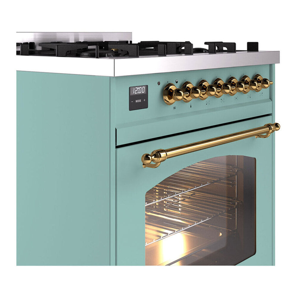 ILVE Nostalgie II 30-inch Propane Gas Dual Fuel Range with 5 Burners with 4 Cu. Ft. Oven Capacity, Triple Glass Door in Mediterranean Mint with Brass Trim (UP30NMPMMGLP)