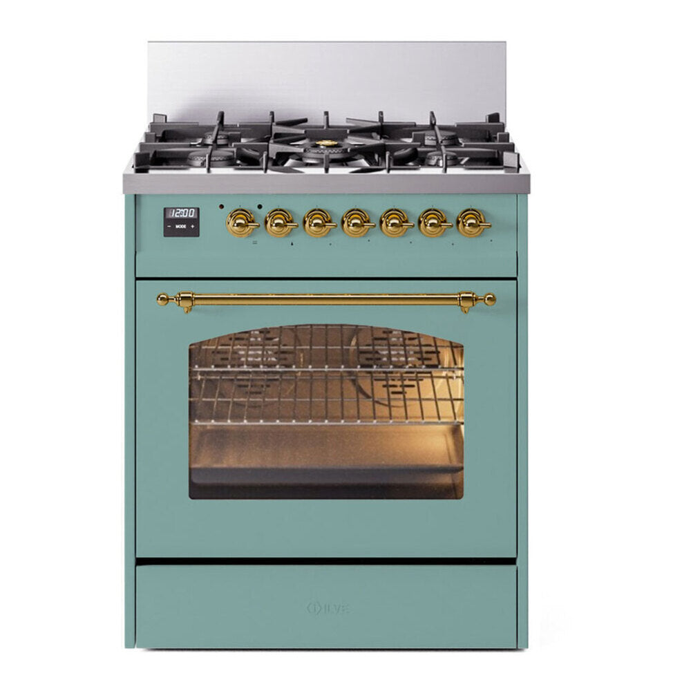 ILVE Nostalgie II 30-inch Natural Gas Dual Fuel Range with 5 Burners with 4 Cu. Ft. Oven Capacity, Triple Glass Door in Mediterranean Mint with Brass Trim (UP30NMPMMG)