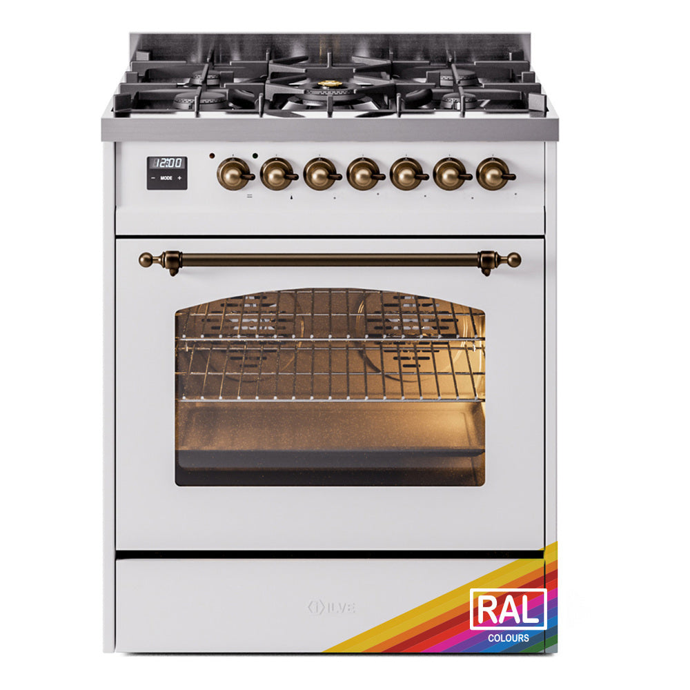 ILVE freestanding dual fuel range, oven door open with wire rack and bronze handle