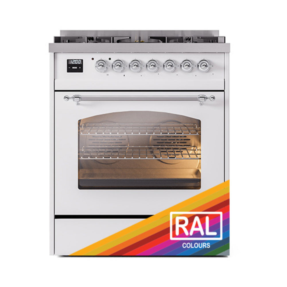 Freestanding dual fuel range with oven window and RAL colors label on front