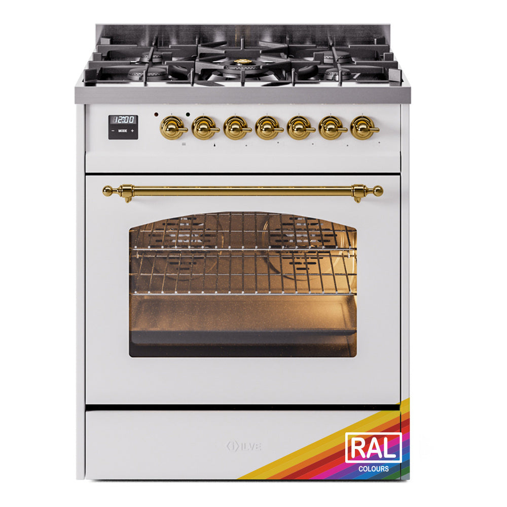 Freestanding range front view with open oven door and brass control details