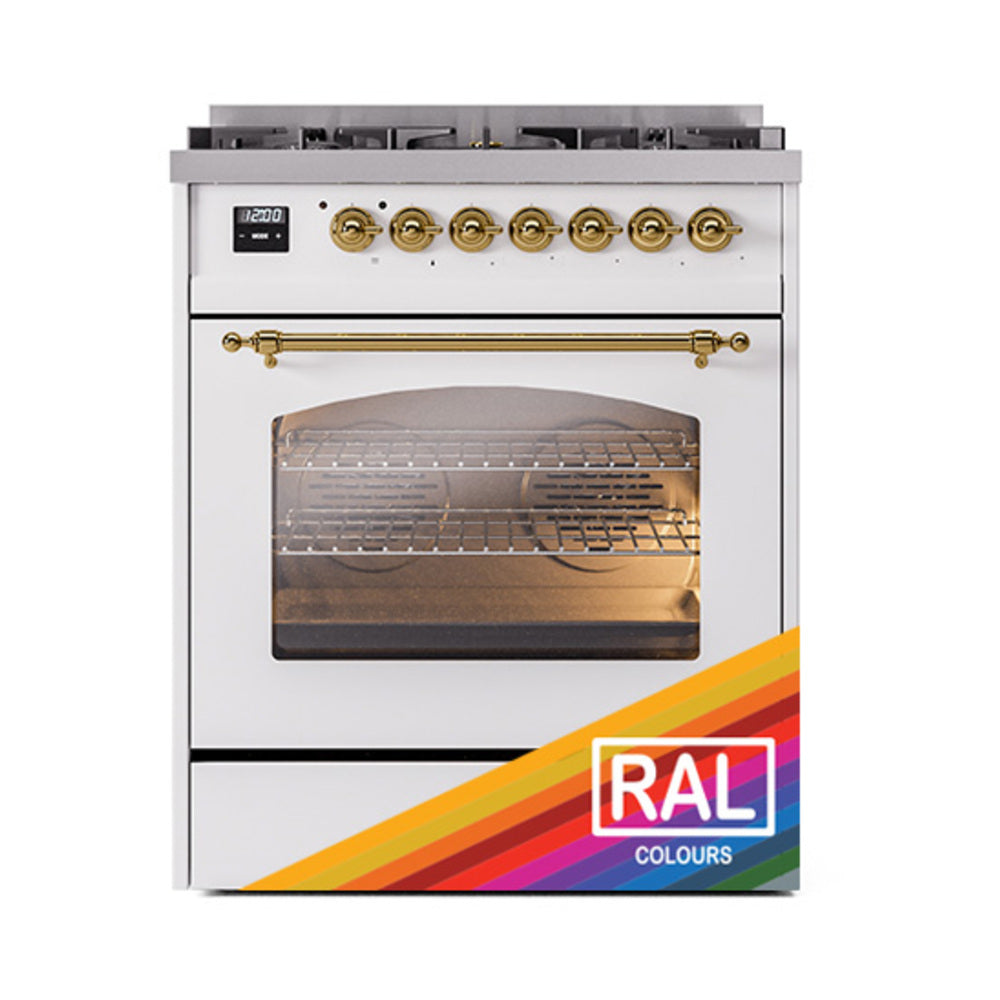 Freestanding range front with brass knobs, oven window, and cooktop burner grates
