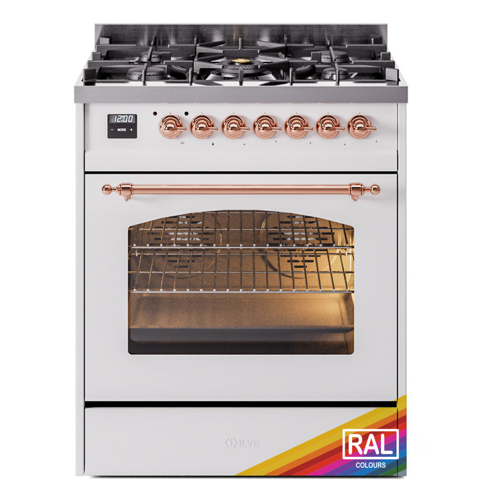 Freestanding dual fuel range with black cooktop and open oven door, copper trim