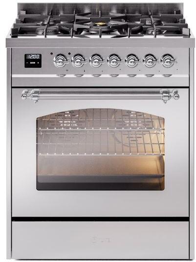 ILVE Nostalgie II 30-Inch Dual Fuel Freestanding Range in Stainless Steel with Chrome Trim (UP30NMPSSC)