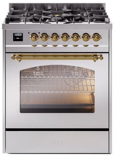 ILVE Nostalgie II 30-Inch Dual Fuel Freestanding Range in Stainless Steel with Brass Trim (UP30NMPSSG)