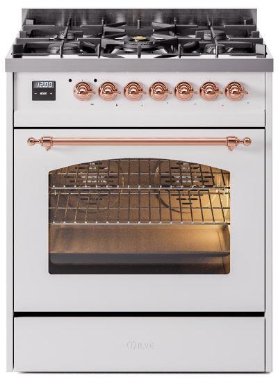 ILVE Nostalgie II 30-Inch Dual Fuel Freestanding Range in White with Copper Trim (UP30NMPWHP)