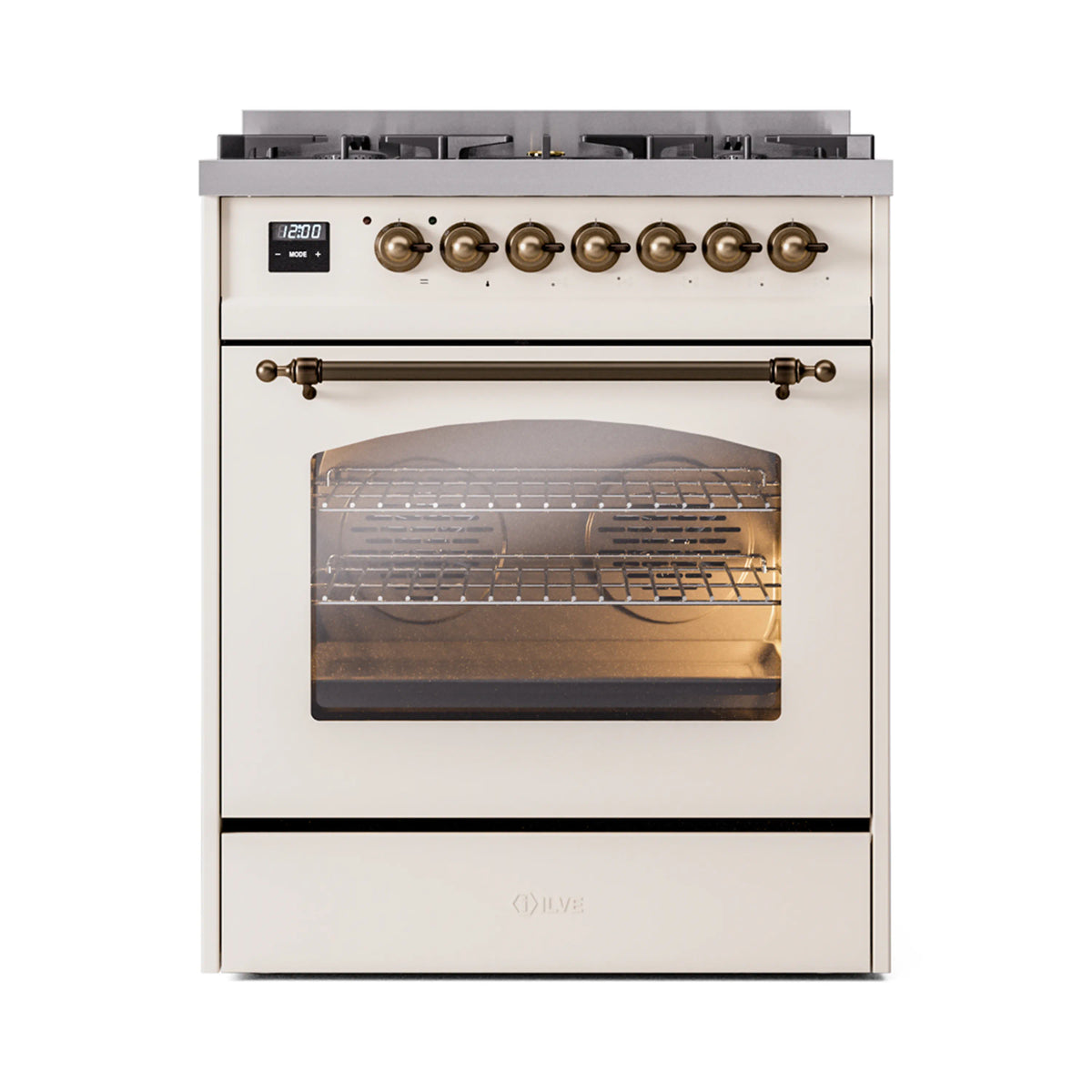 Antique white dual fuel freestanding range with bronze knobs and glass oven door