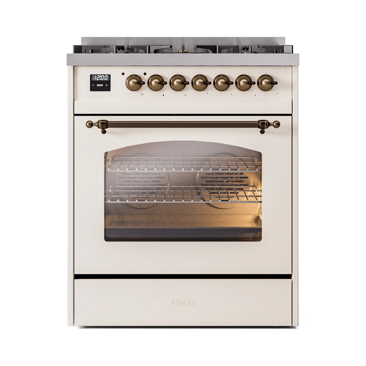 Freestanding dual fuel range with open oven door, antique white finish, bronze control knobs