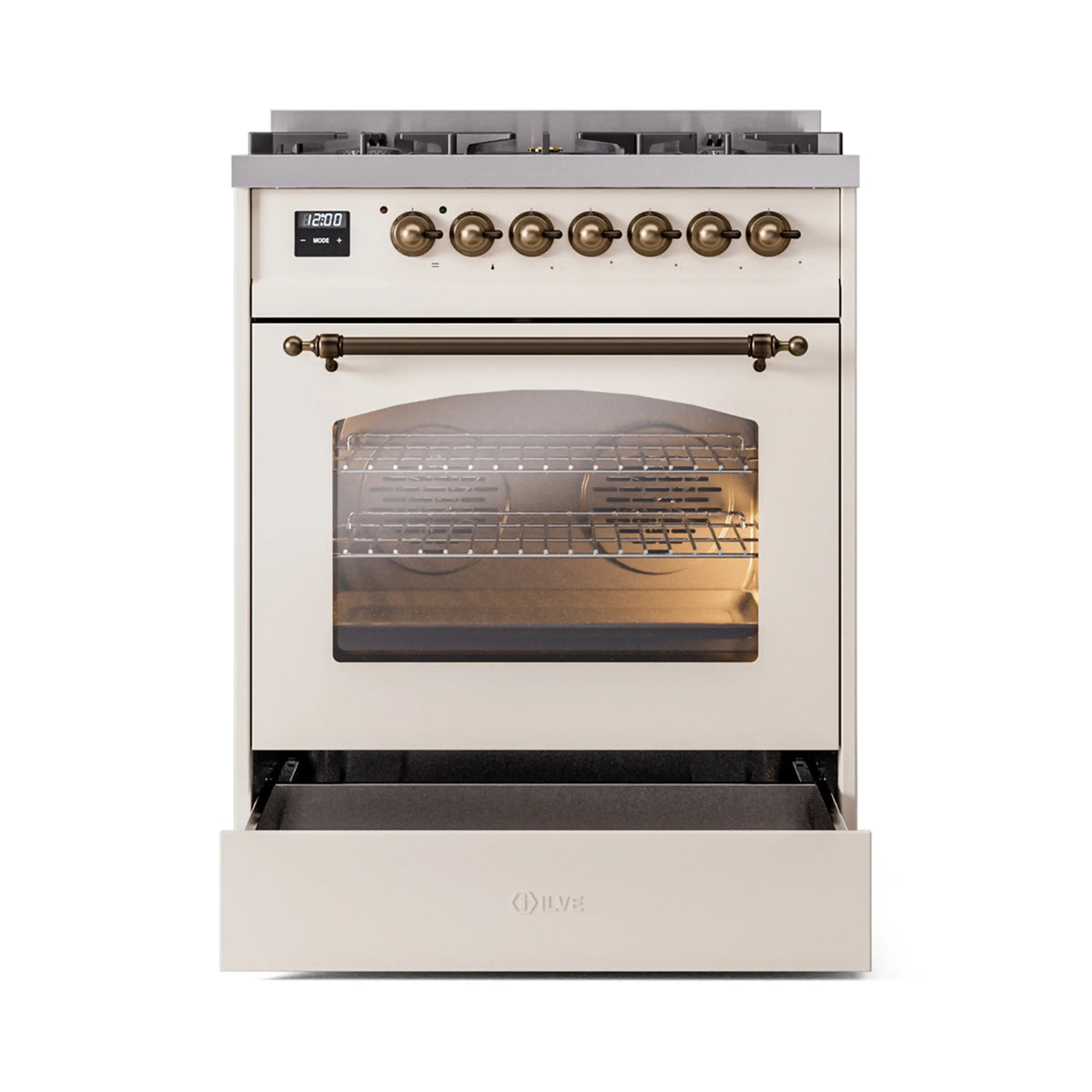 Freestanding dual fuel range with open oven door, antique white front, bronze handle trim