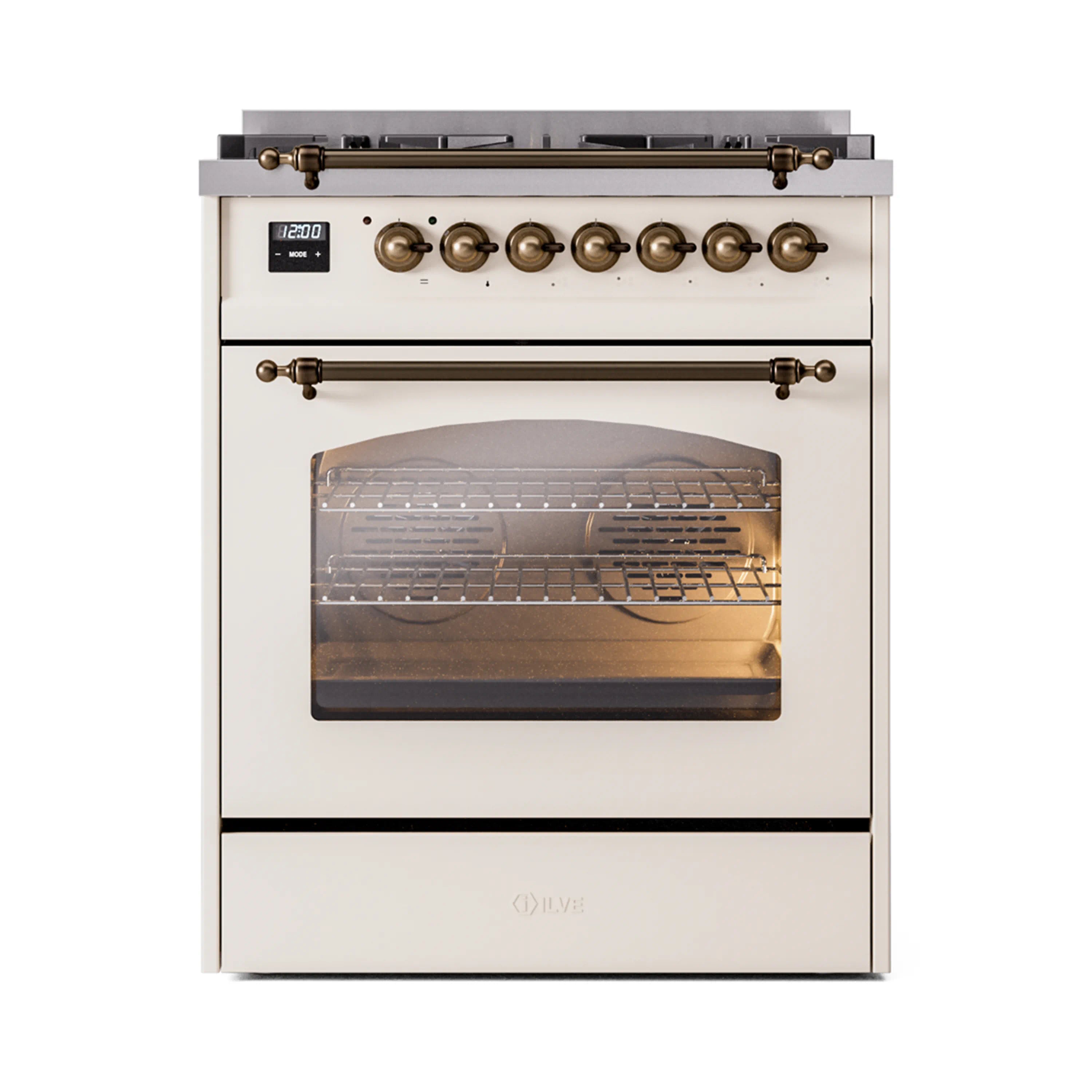 Antique white dual fuel freestanding range with bronze control knobs and closed oven door