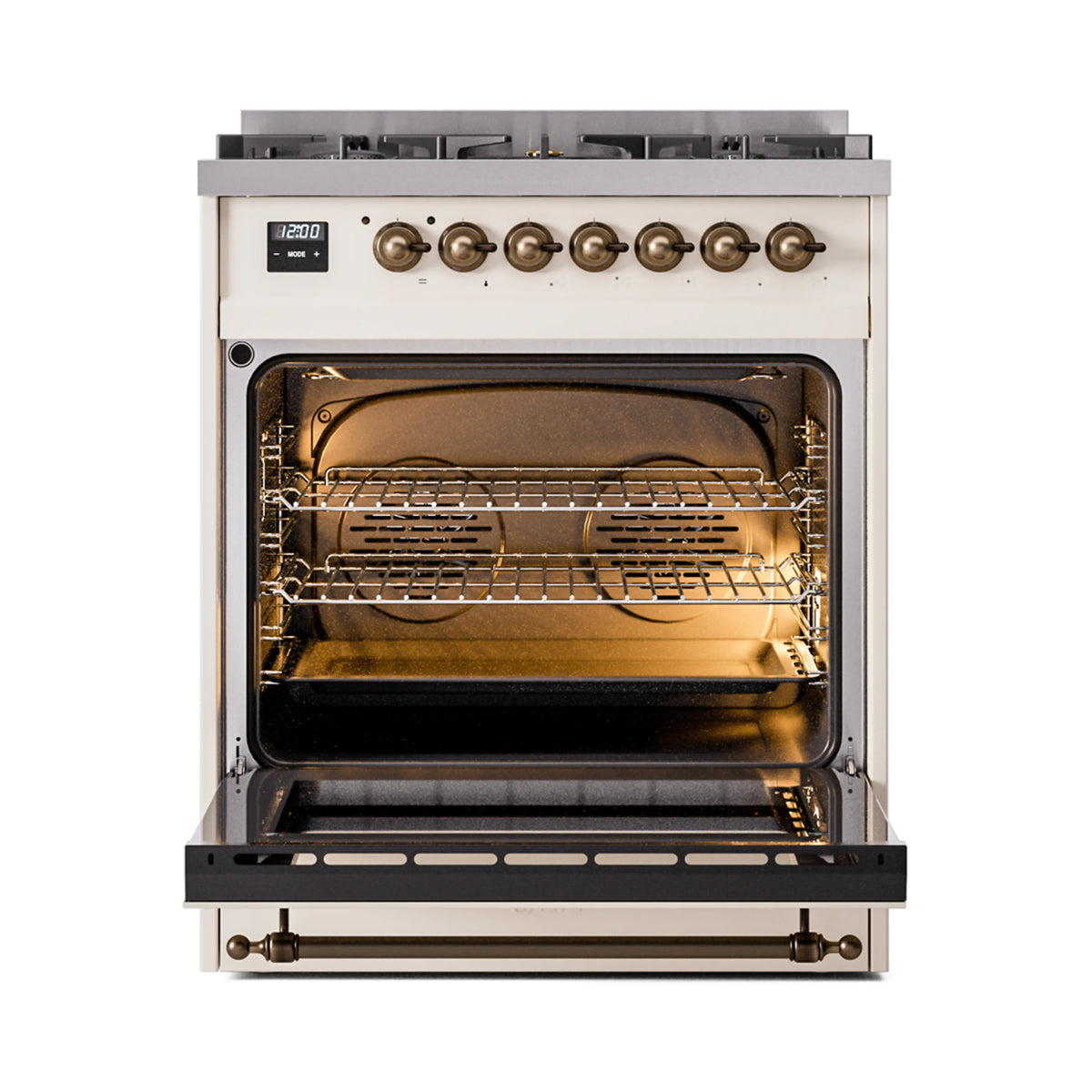 Antique white dual fuel freestanding range with open oven, racks, and bronze trim