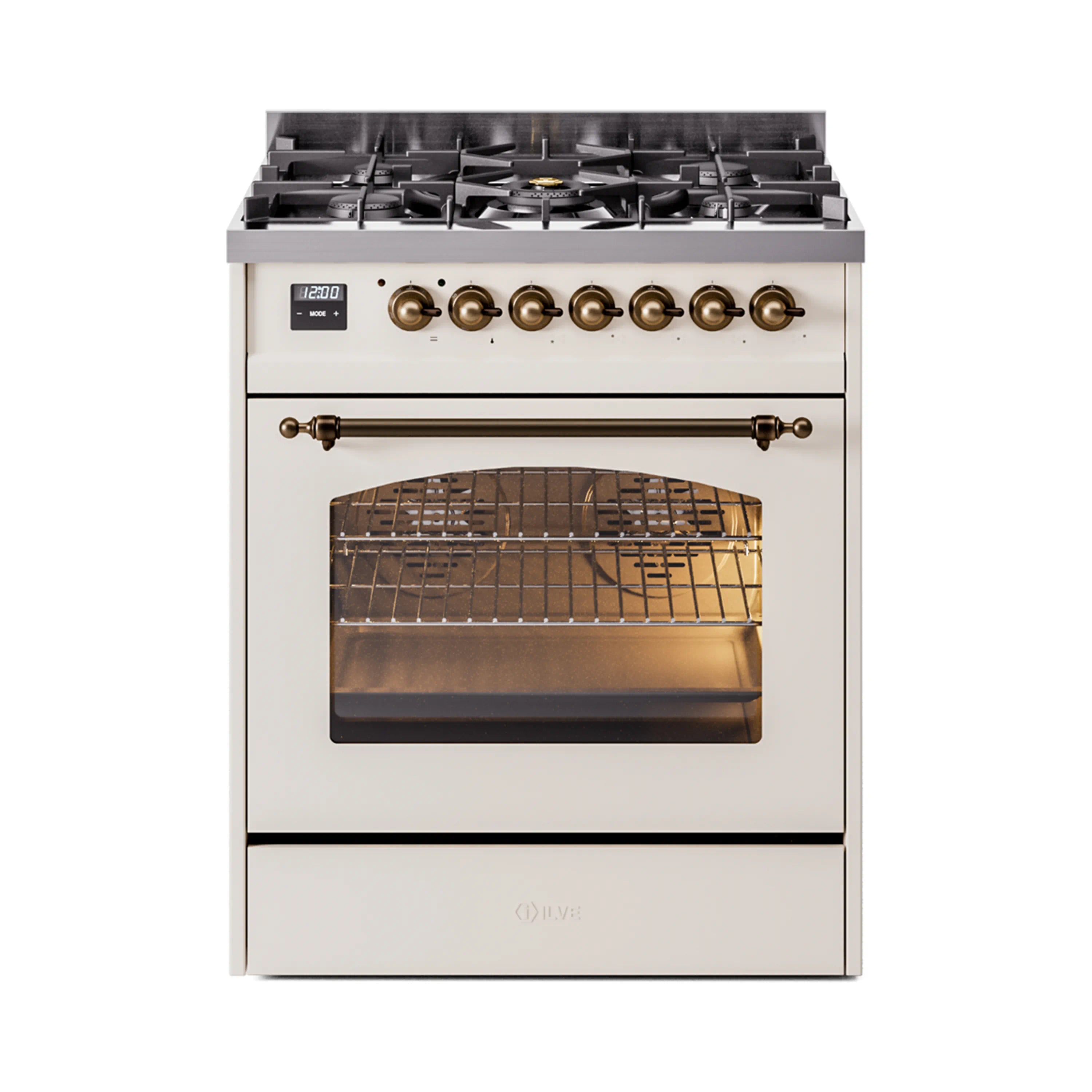 Antique white dual fuel freestanding range with burner grates, bronze knobs, and oven door