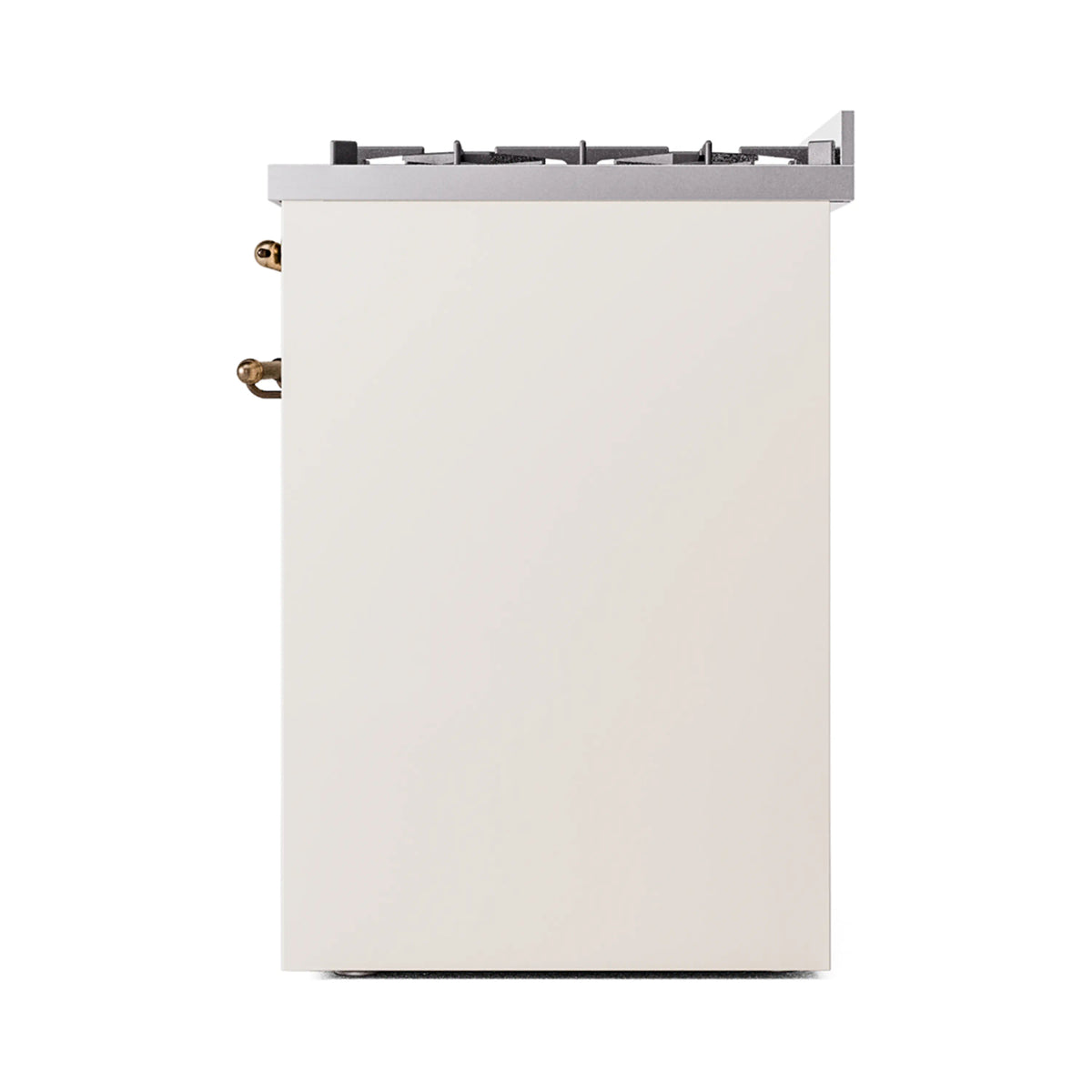 Antique white freestanding range back with burner grates and bronze gas connection fittings