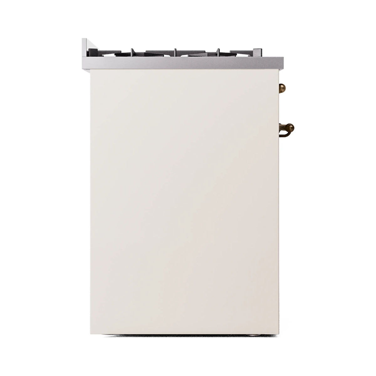Antique white freestanding range rear corner with burner grates and bronze fittings