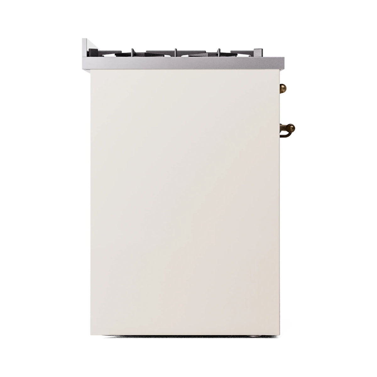 Rear view of freestanding dual fuel range, antique white back panel with bronze accents