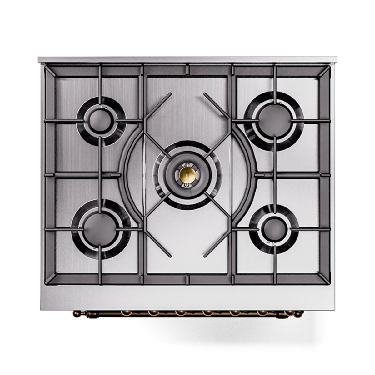 Freestanding dual fuel range cooktop with four burners, metal grates, round brass burner caps