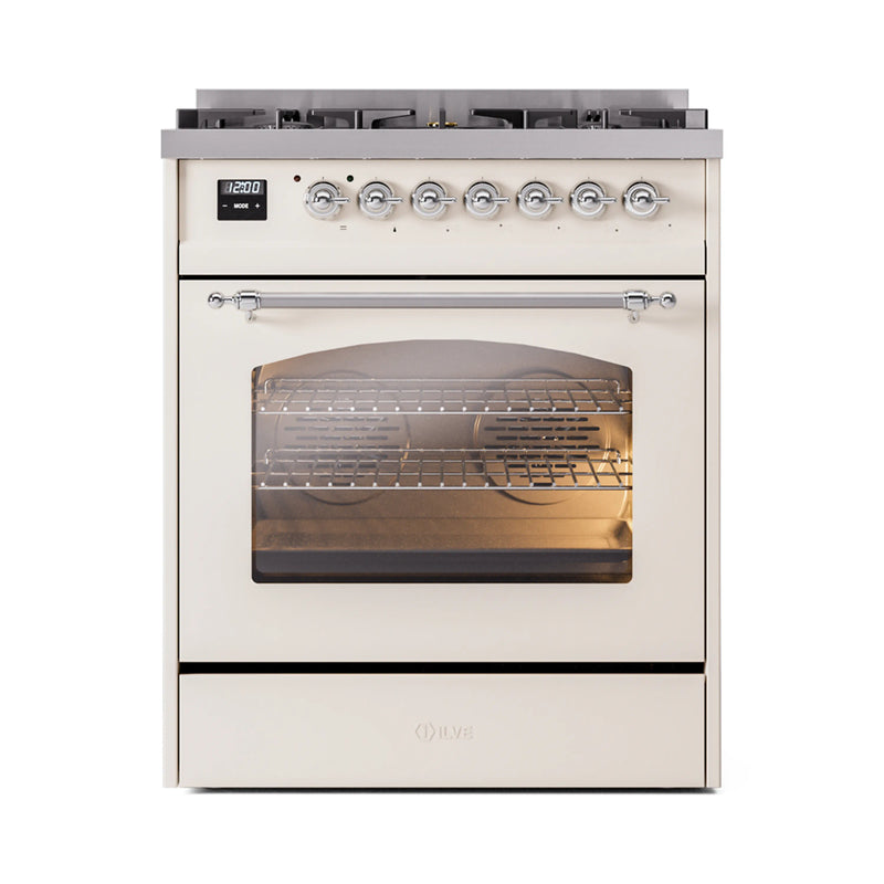 ILVE Nostalgie II 30-Inch Dual Fuel Freestanding Range in Antique White with Chrome Trim (UP30NMPAWC)