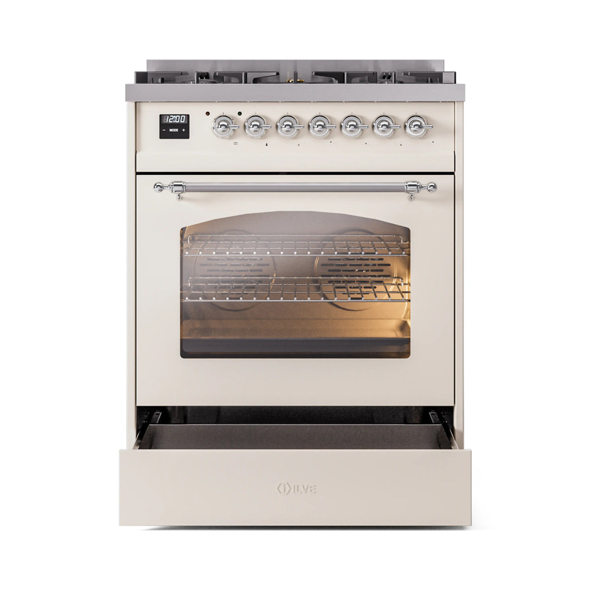 Antique white freestanding range with open oven door and illuminated interior