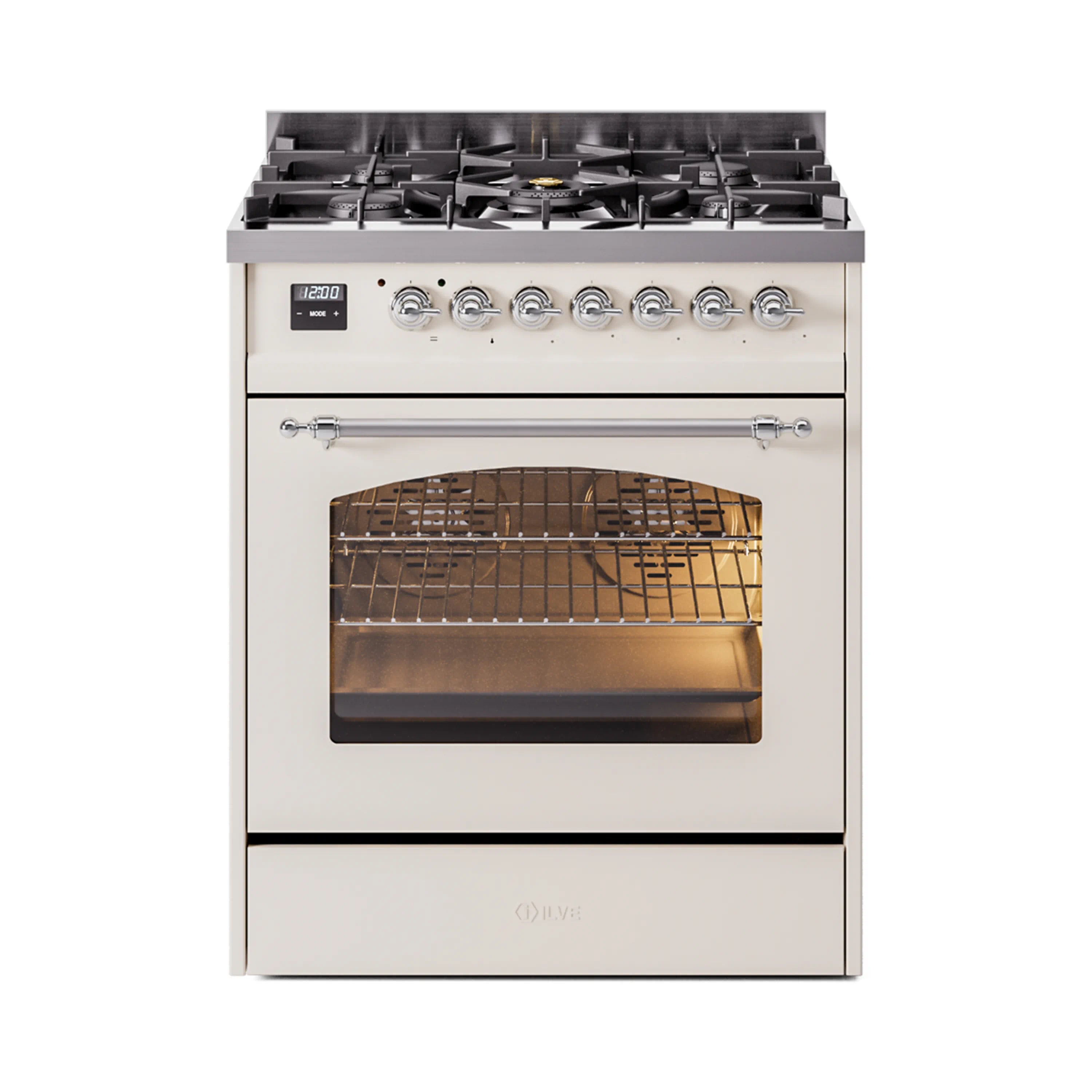 Antique white dual fuel freestanding range with chrome knobs and open oven door