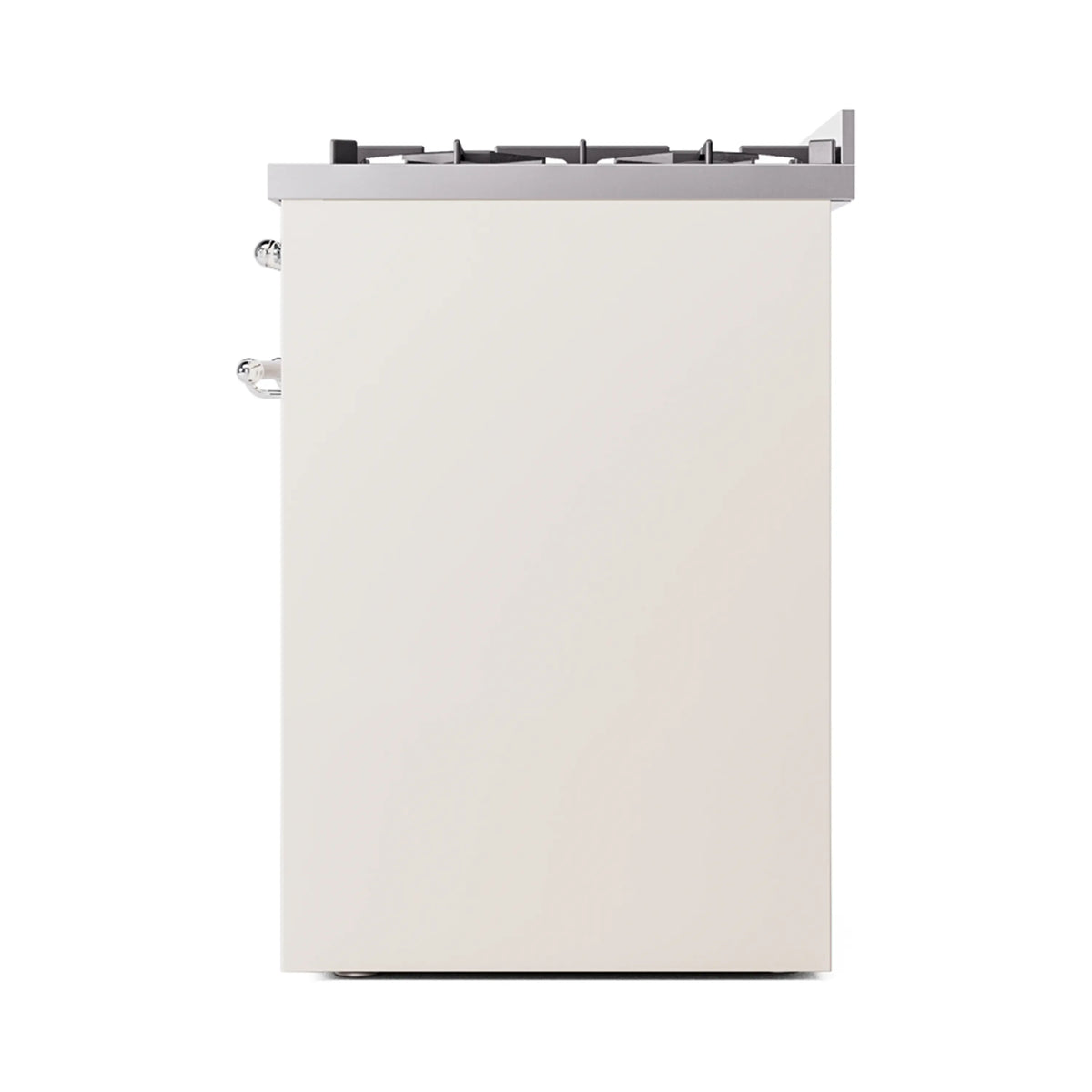 Antique white freestanding range side panel with chrome oven handle and burner frame