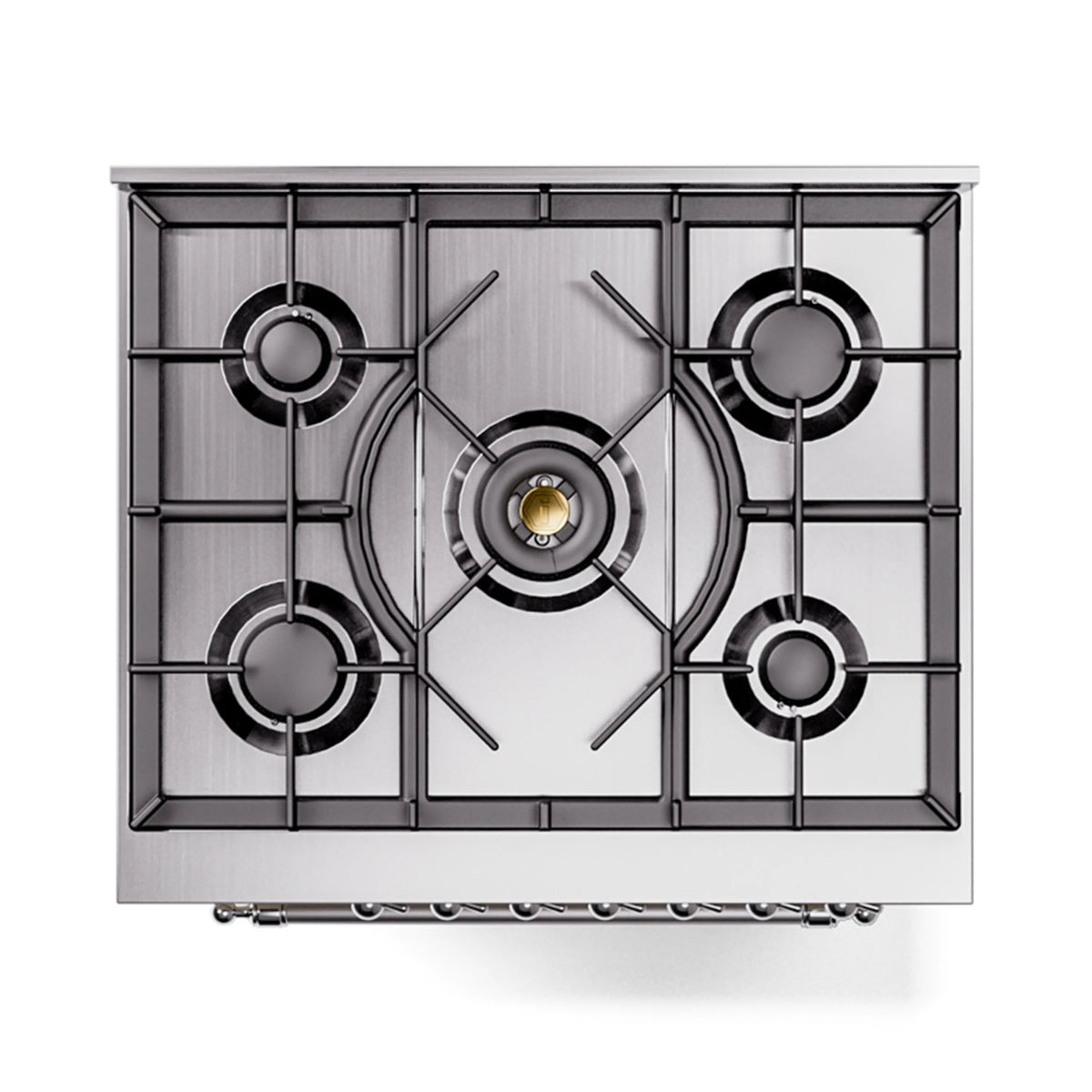 Stainless steel gas cooktop with four burners and matching black burner grates