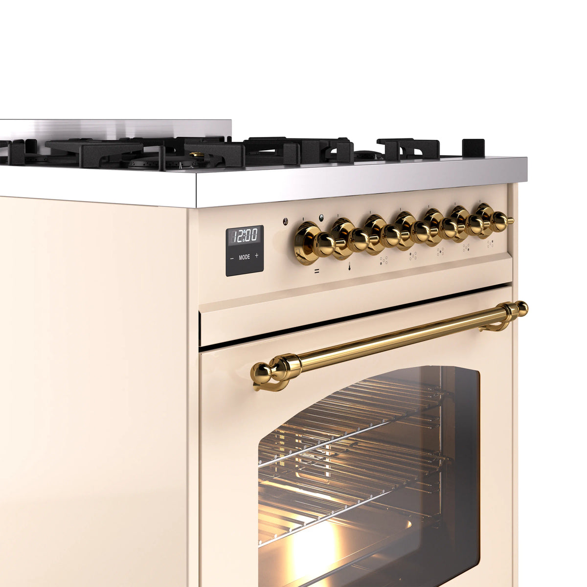 Antique white range front with brass oven handle, brass knobs, and black display