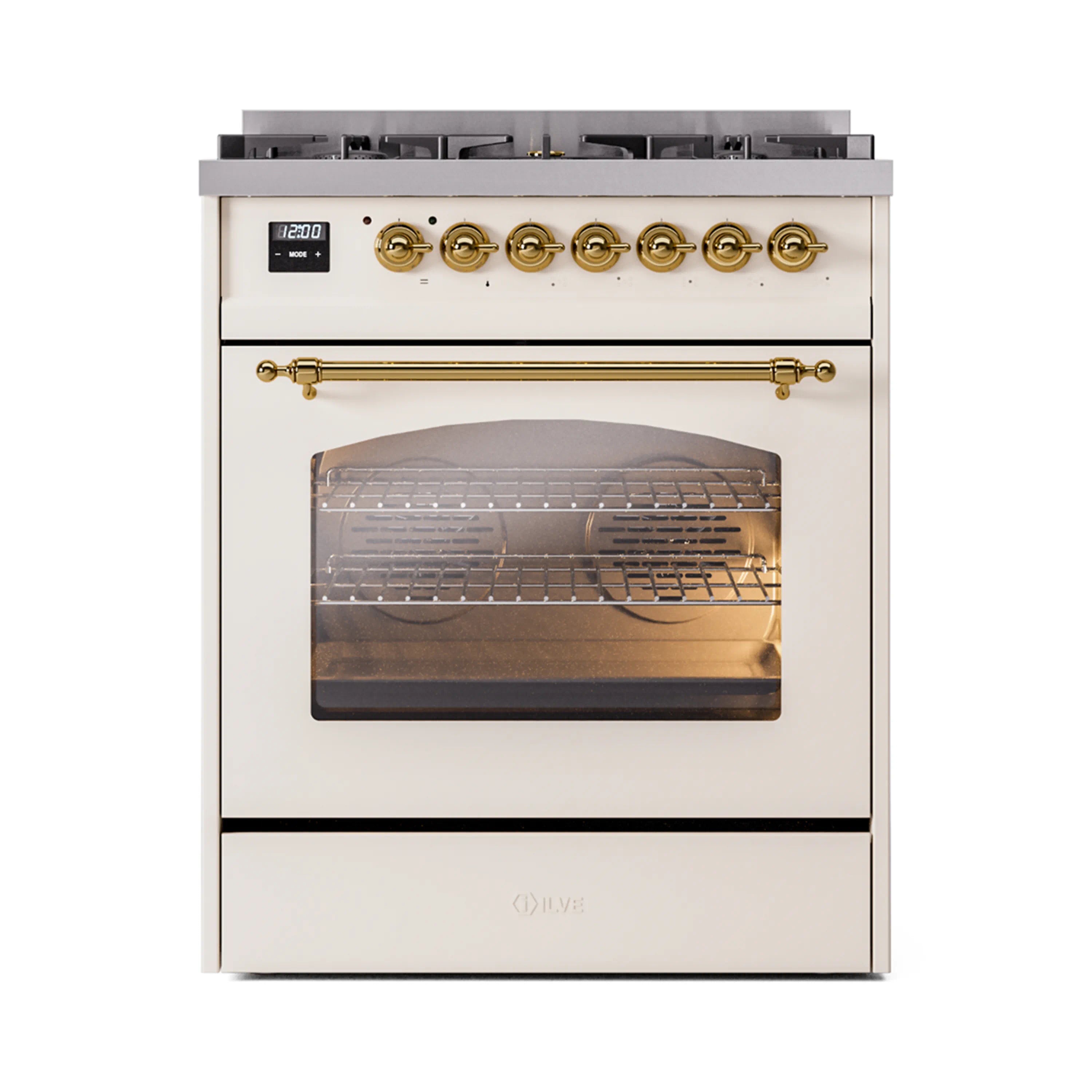 Antique white range with brass control knobs, black cooktop grates, and glass oven door