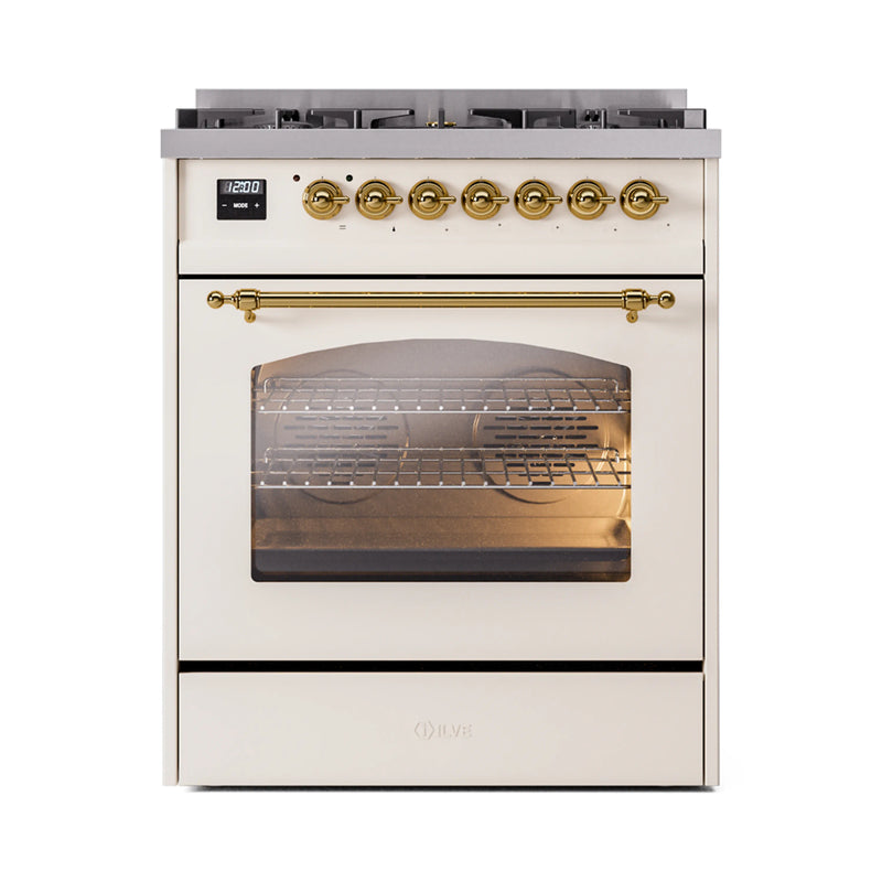 ILVE Nostalgie II 30-Inch Dual Fuel Freestanding Range in Antique White with Brass Trim (UP30NMPAWG)