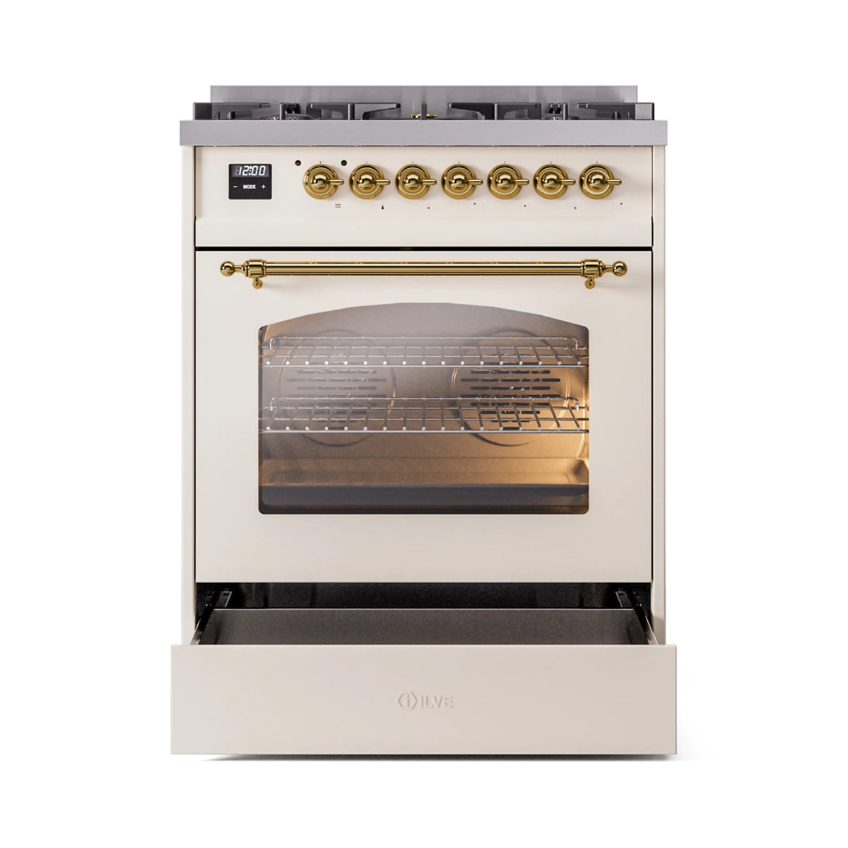 Antique white range with open oven door showing racks, and brass control knobs