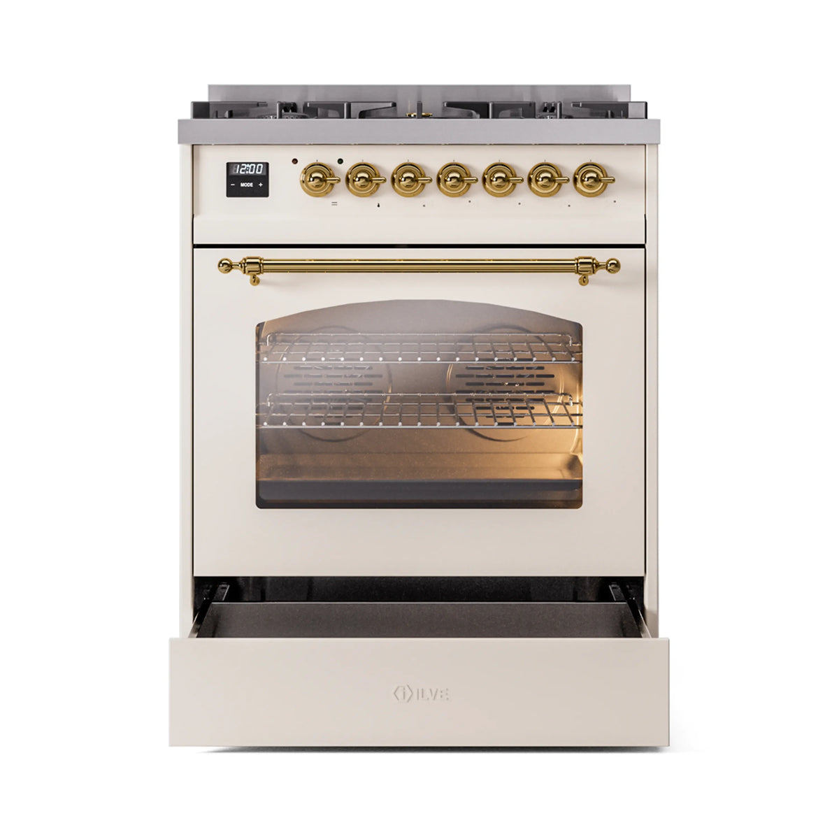 Freestanding antique white gas range with brass trim, open oven door, and storage drawer