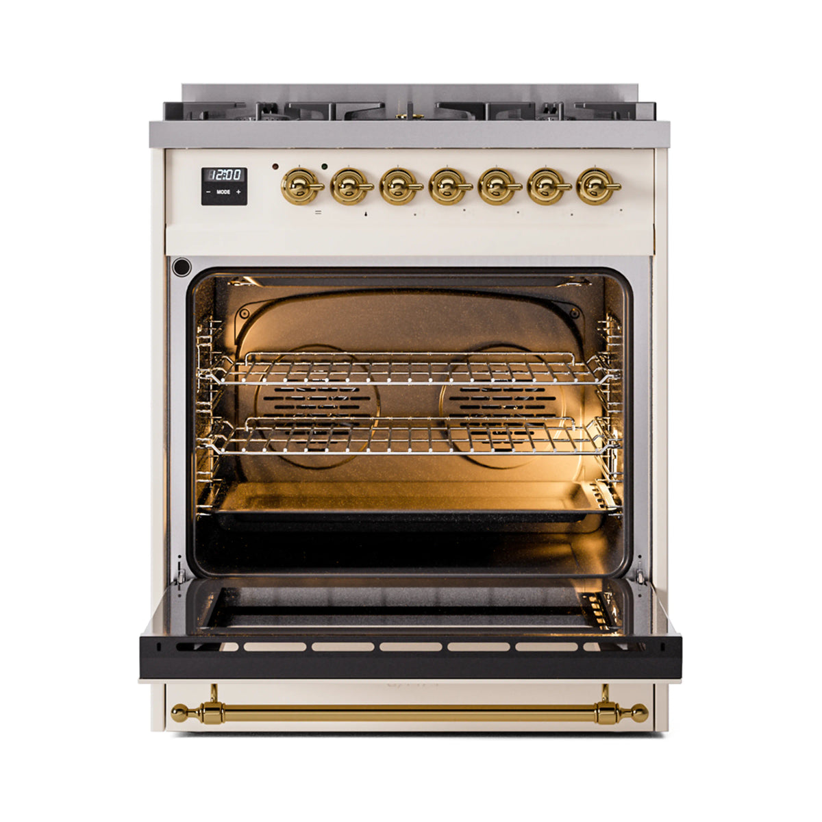 Antique white gas range with brass trim and open oven cavity with racks and burner area