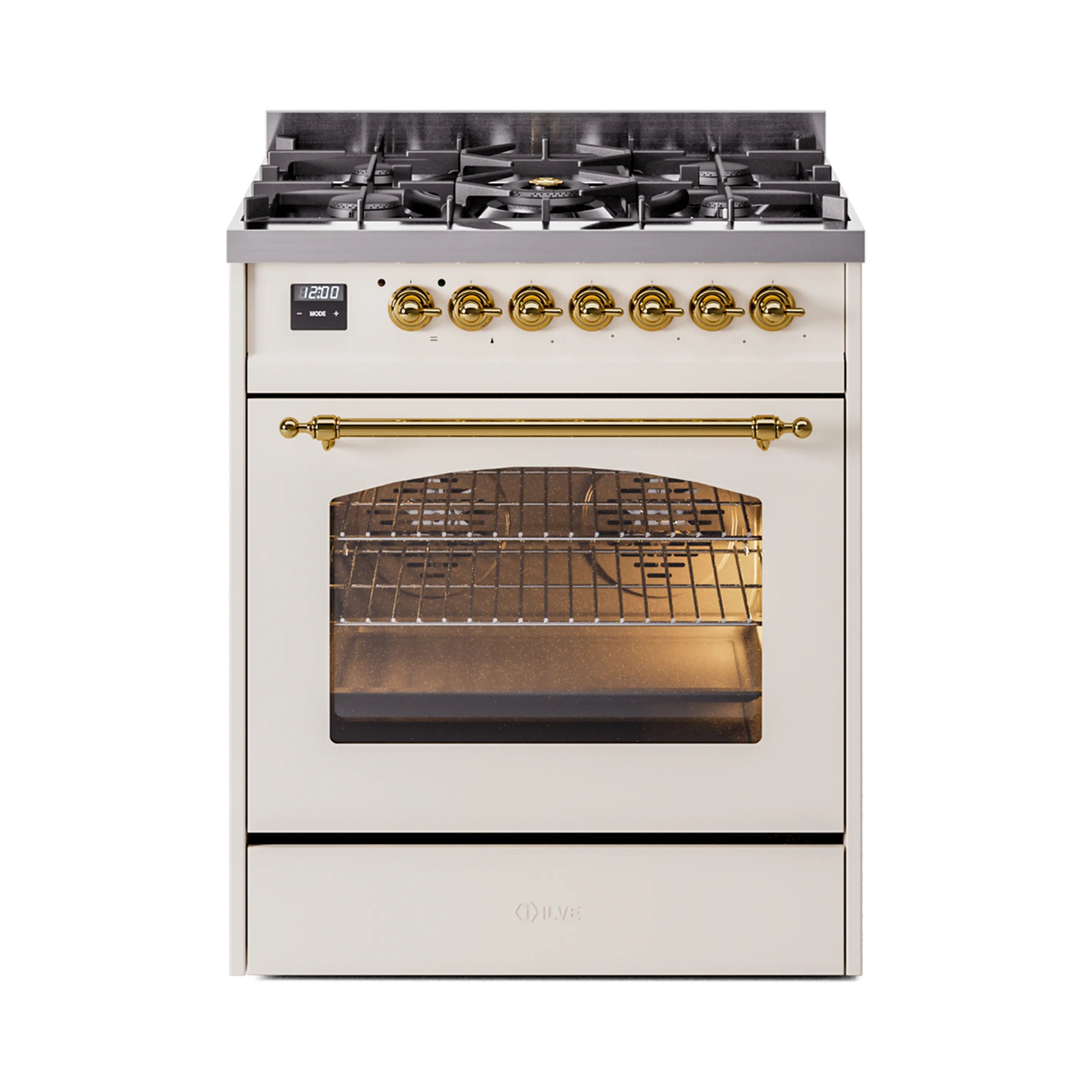 Antique white range with lit oven interior behind glass and brass control knobs