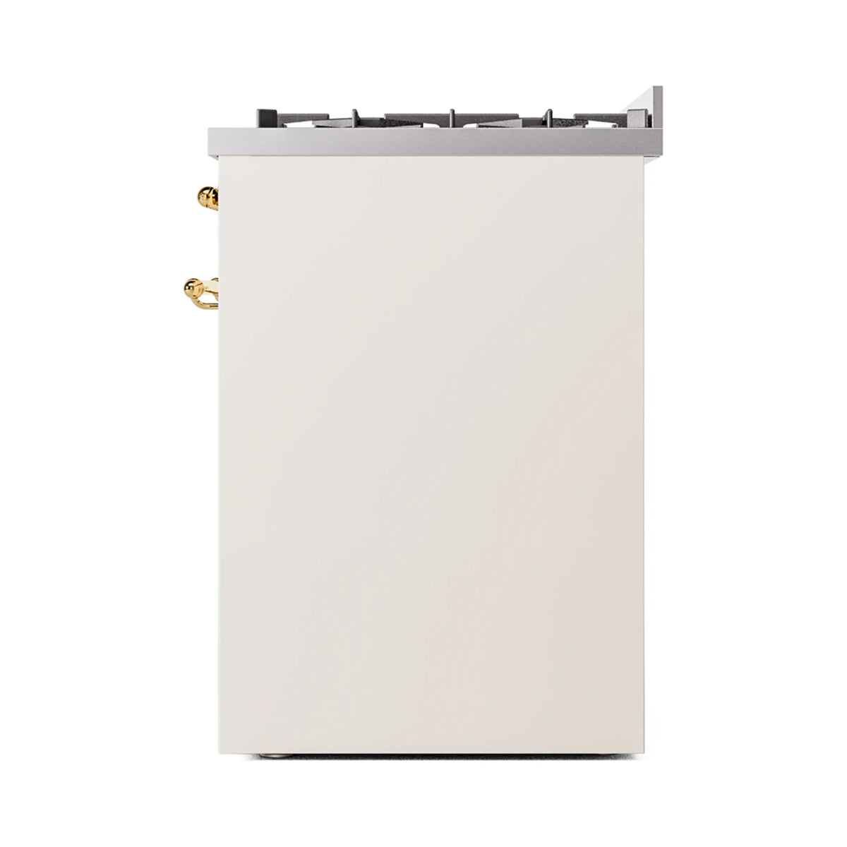 Antique white range side panel with black cooktop grates and brass side handle