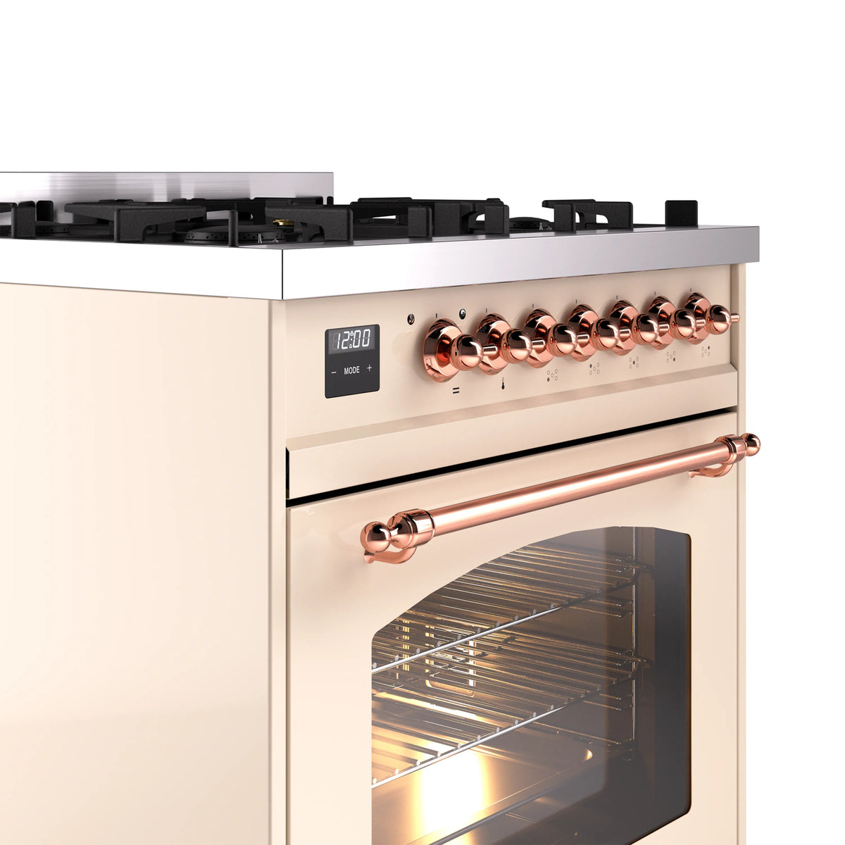 Antique white range with copper burner knobs, display, and oven window