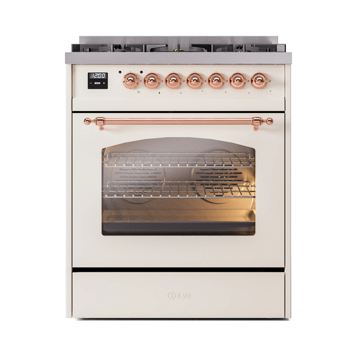 Front view of an antique white dual fuel freestanding range with copper knobs and open oven