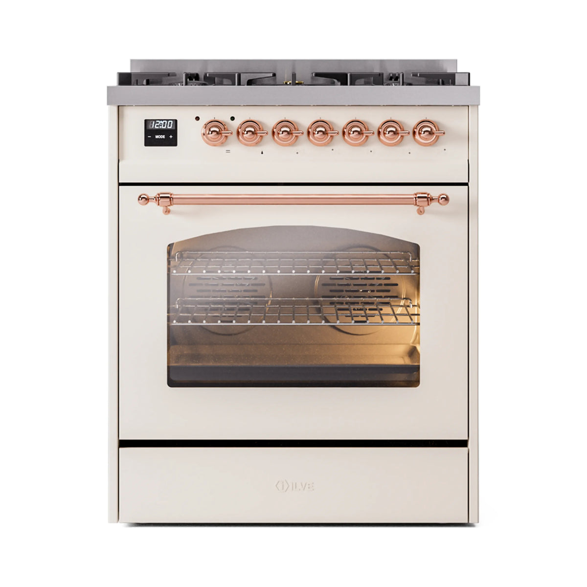 Antique white dual fuel range with lit oven interior visible through glass door