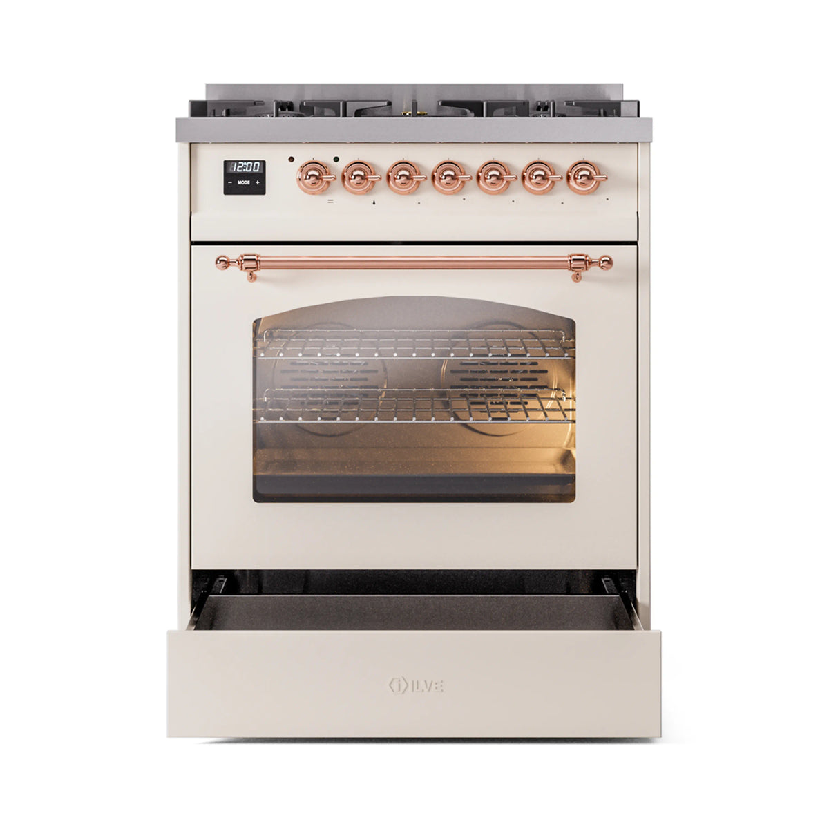 Antique white dual fuel freestanding range with copper knobs and open oven door